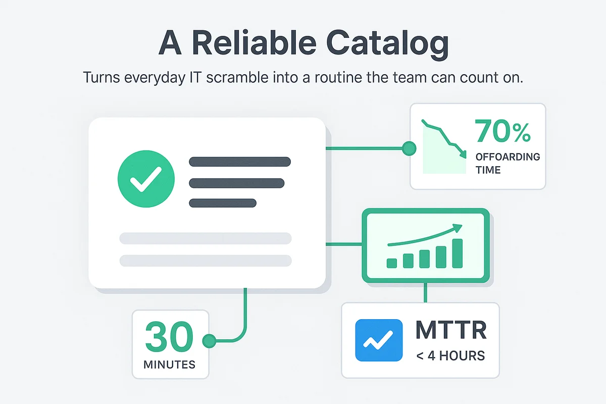 Centralized catalog streamlines IT management, reducing off-boarding time and improving access-request efficiency with automated scripts.