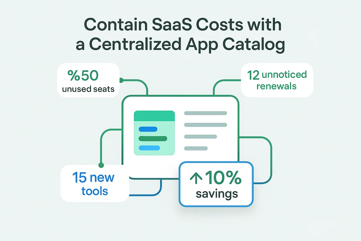 A team collaborates over a laptop, analyzing software costs and app usage metrics to control expenses.