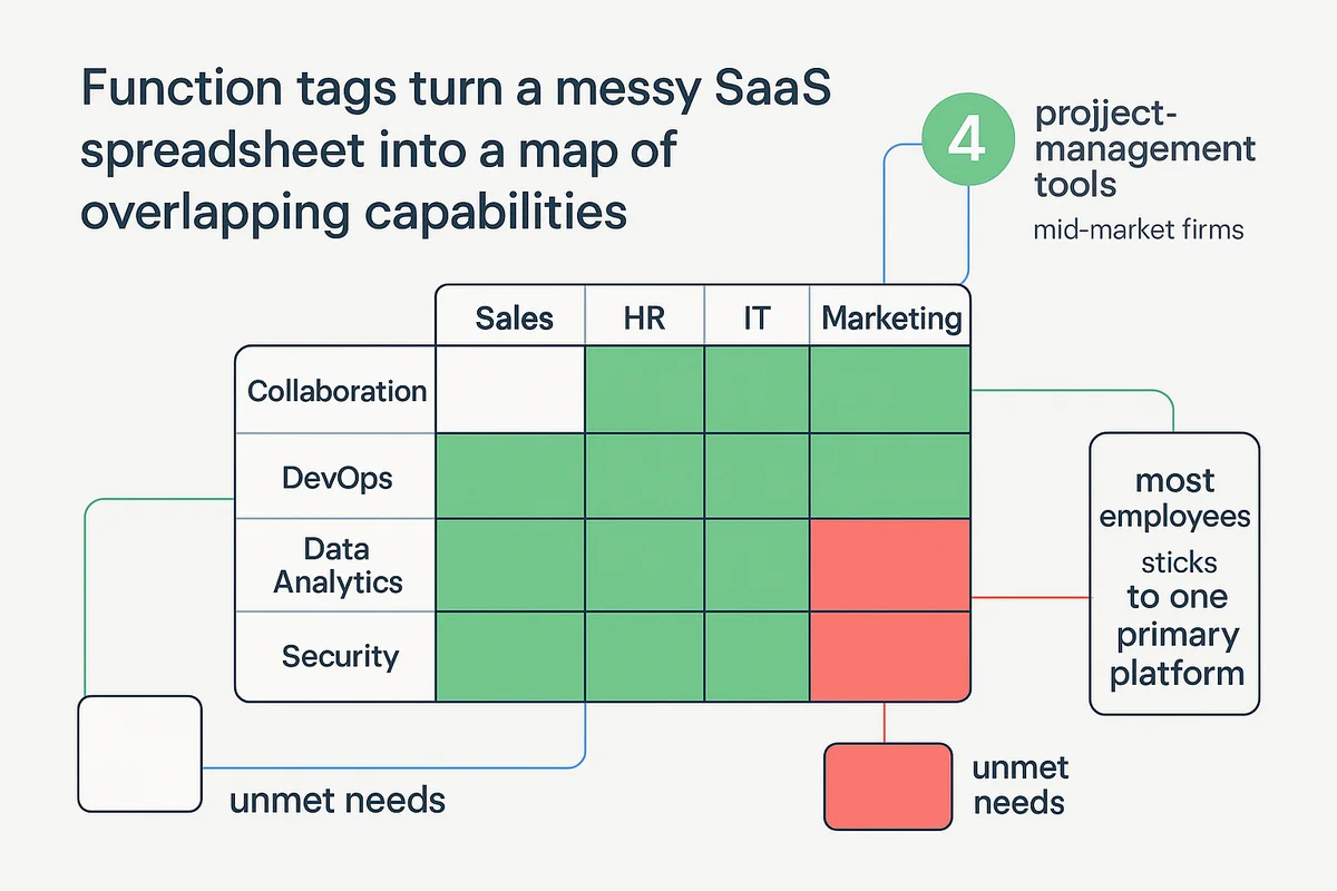 A visual representation of tagging functions in a SaaS spreadsheet, highlighting overlapping capabilities across various departments.