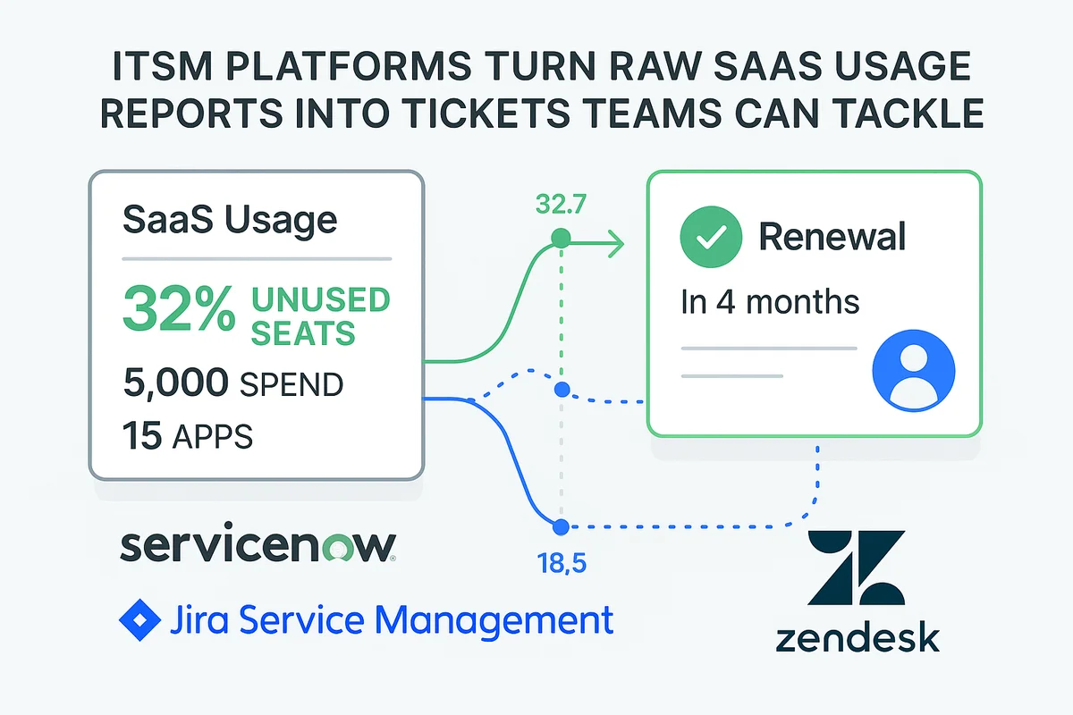 ITSM platforms transforming SaaS usage data into actionable tickets for team management and optimization.