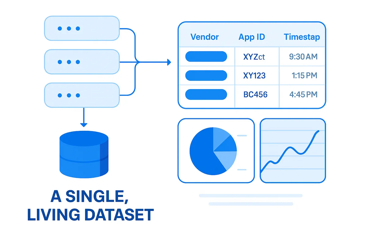 Visualization of a unified data dashboard displaying normalized vendor names, app IDs, and timestamps for streamlined financial analysis.