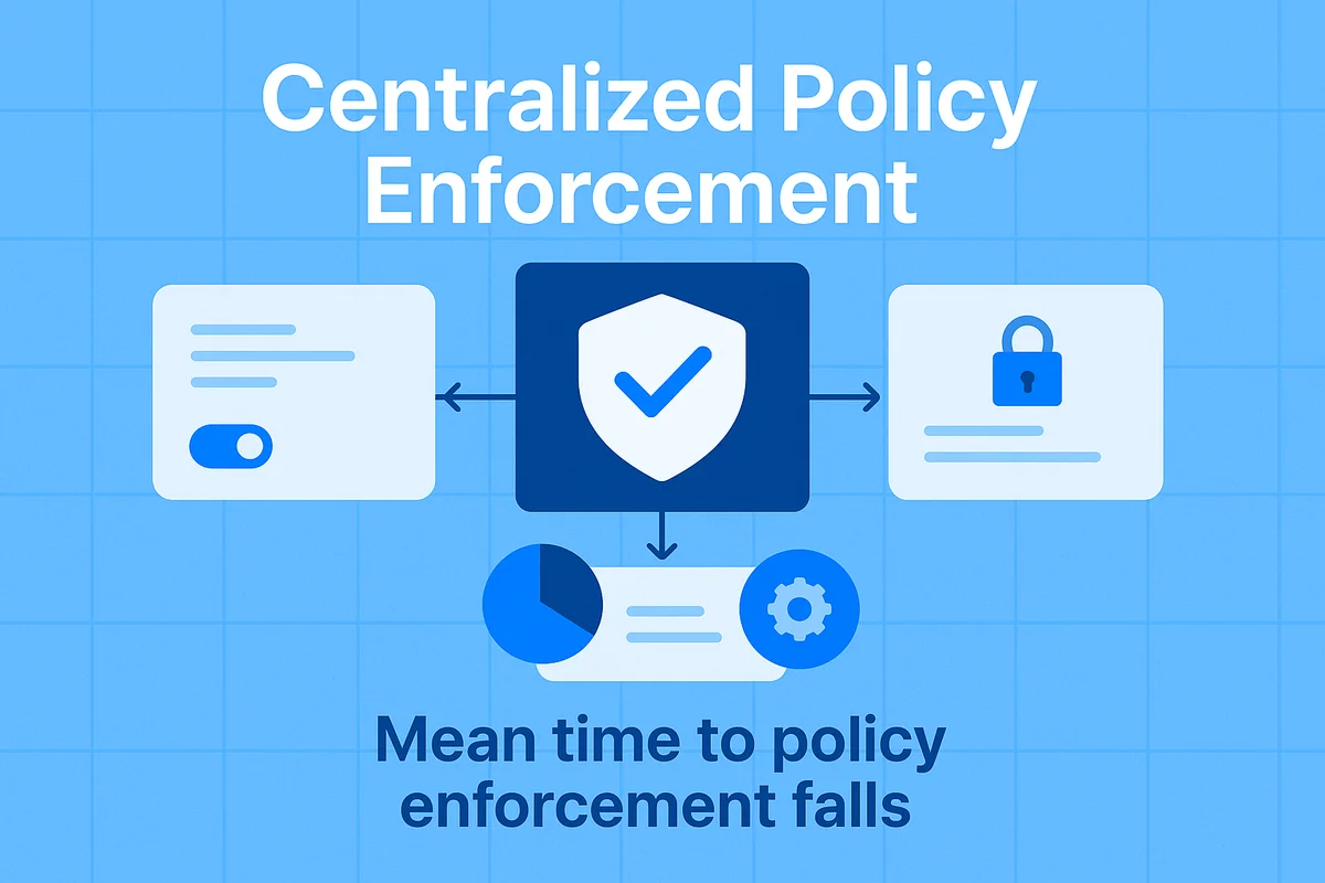 Illustration of centralized policy enforcement in SaaS, showcasing risk management through unified dashboard and API connections.
