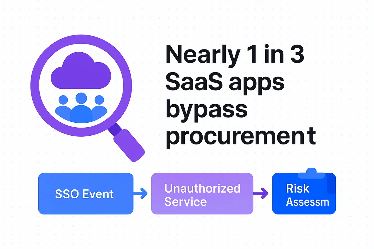 Dashboard displaying statistics on Shadow IT SaaS applications bypassing procurement in large firms, highlighting discovery and control measures.
