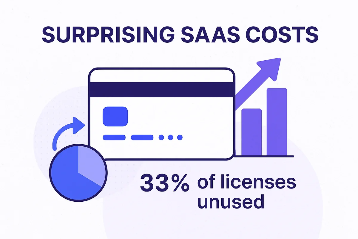 A confused finance team examines fluctuating SaaS costs on a computer screen filled with complex invoices and metrics.