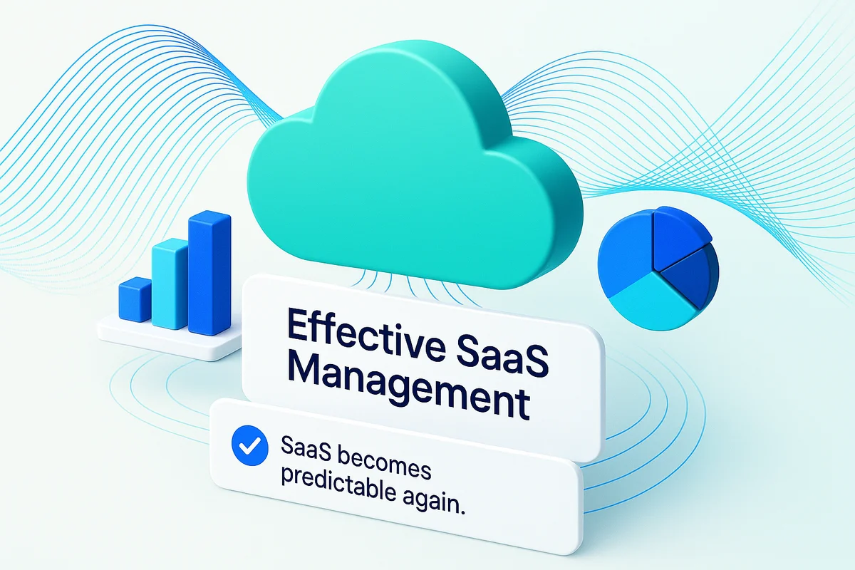 Graphic illustrating SaaS management benefits: data ownership, real-time monitoring, access control, and financial oversight.