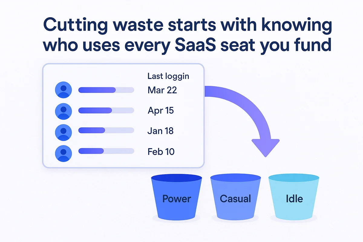 Visual representation of software usage analysis revealing active, casual, and idle users to optimize SaaS license allocation.