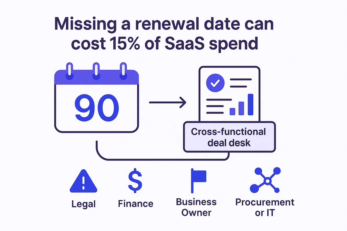 Shared 90-day calendar for procurement, IT, and finance to manage contract renewals and avoid auto-renew fees.