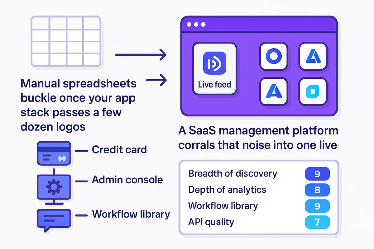 Dashboard displaying a centralized SaaS management platform, illustrating streamlined data for finance, security, and IT teams.