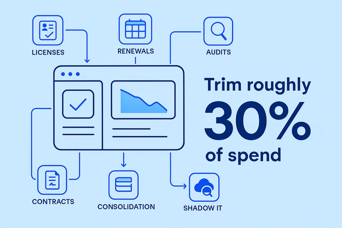 Illustration of SaaS management strategies to optimize costs and streamline software usage for teams.