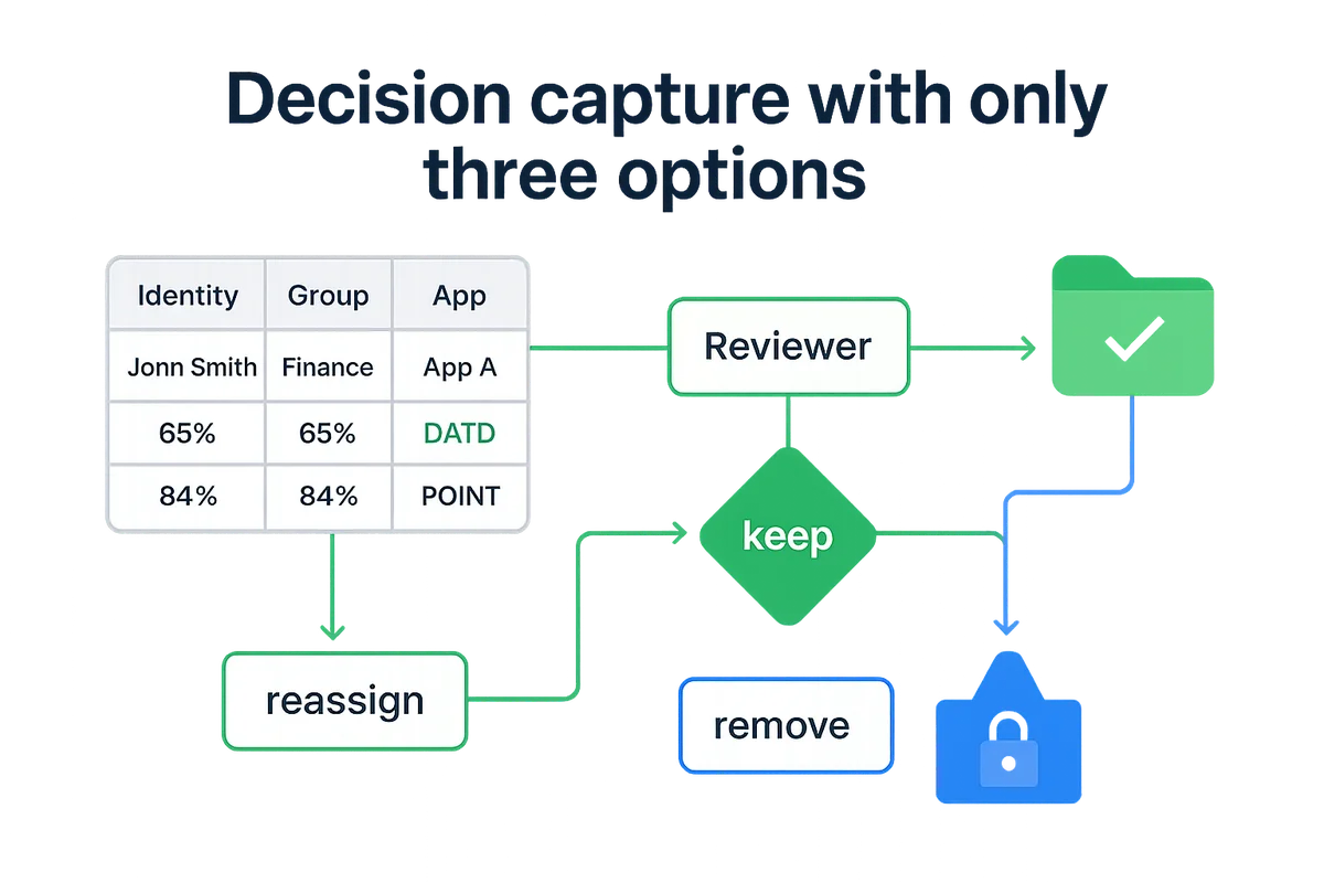 Workflow map illustrating a reusable access review process with swim lanes and hand-offs for efficient identity management.