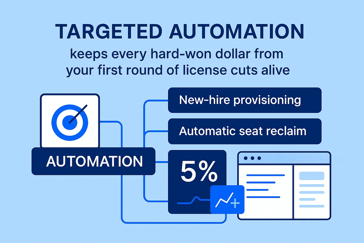 Illustration depicting automated workflows for cost-saving processes in employee onboarding and licensing management.