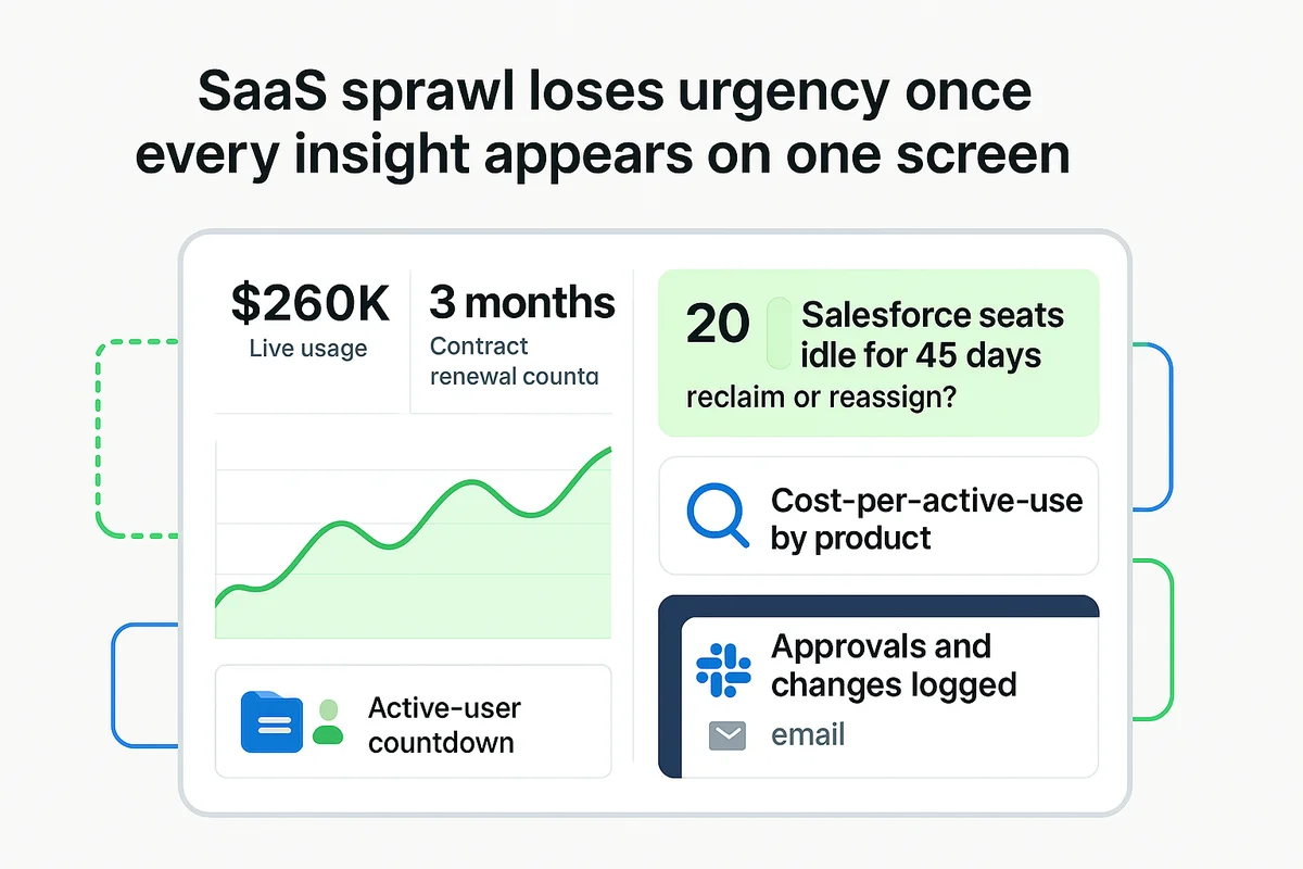 Dashboard displaying key SaaS metrics, including usage logs, criticality scores, and actionable recommendations for resource management.