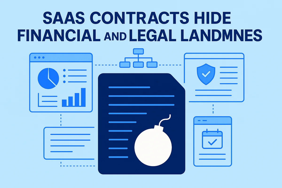 Complex SaaS contract documents illustrating evolving obligations and potential financial risks in cloud agreements.