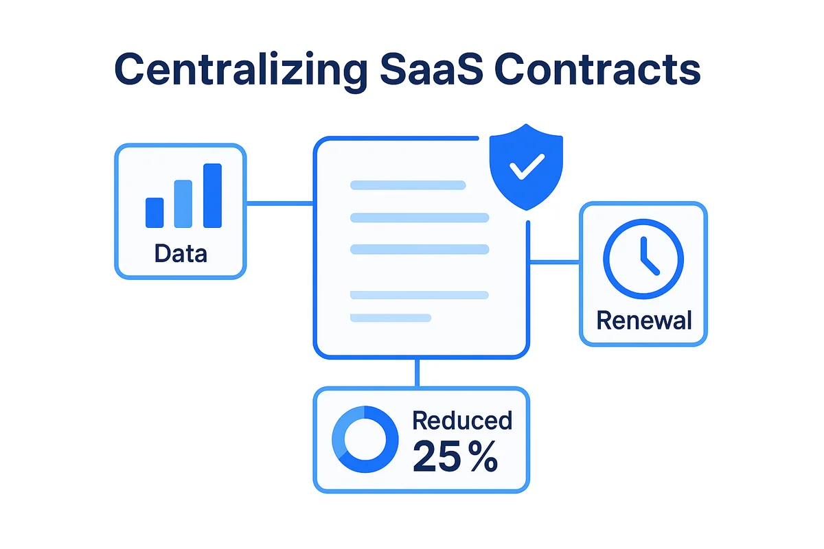 Diagram illustrating centralized SaaS contract management with alerts, benchmarks, and automated workflows for finance and procurement teams.