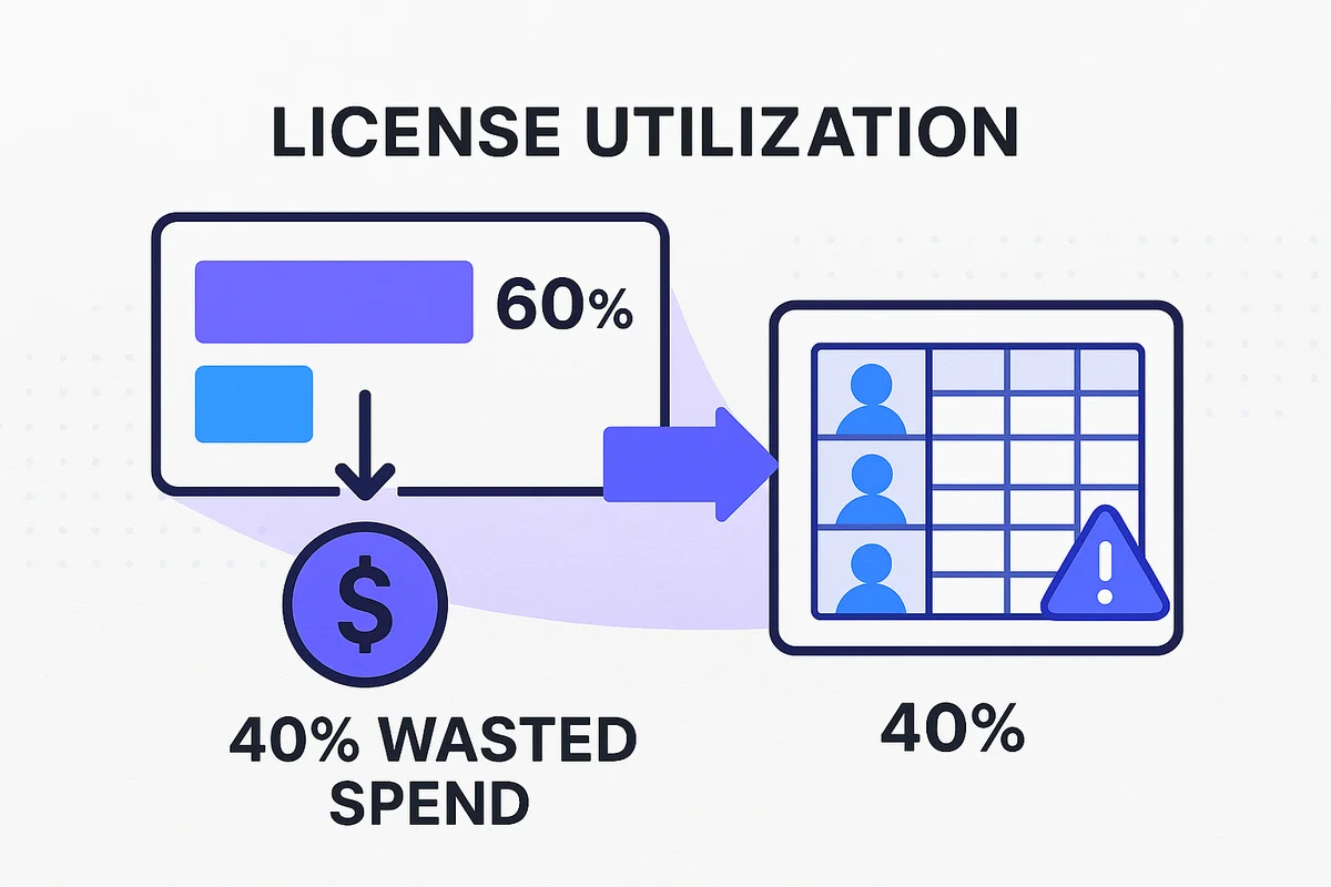 Graph showing the difference between paid software seats and actual usage, illustrating license utilization rates.
