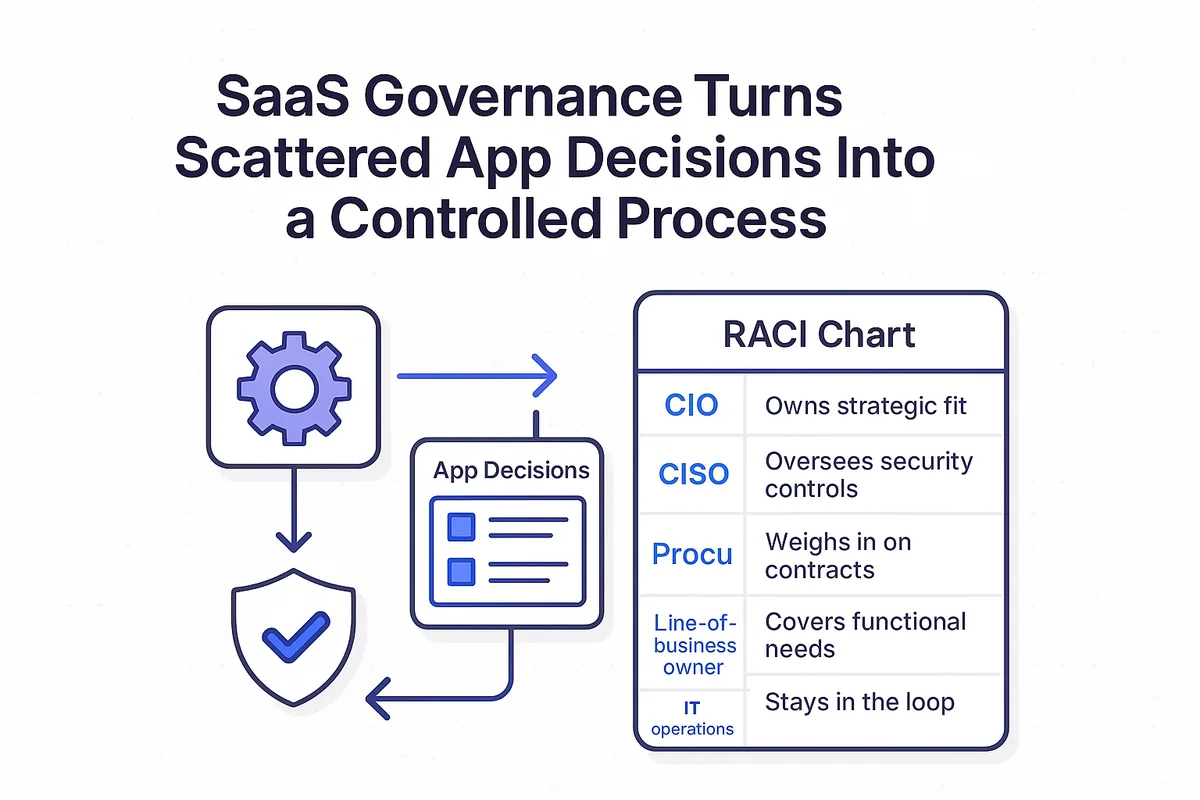 Diagram illustrating SaaS governance process, highlighting risk management, compliance checkpoints, and operational integration in daily tasks.