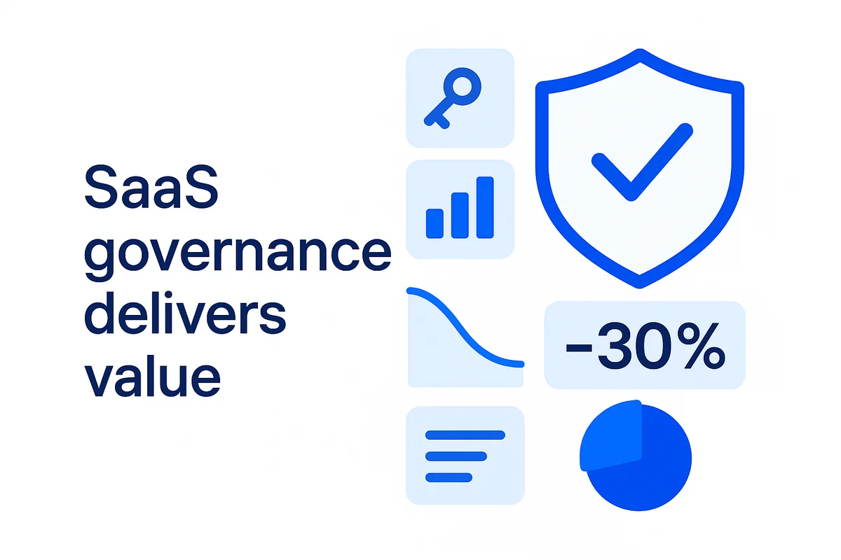 Visual summary of SaaS governance benefits: reducing risk, minimizing waste, and enhancing budget allocation for growth.