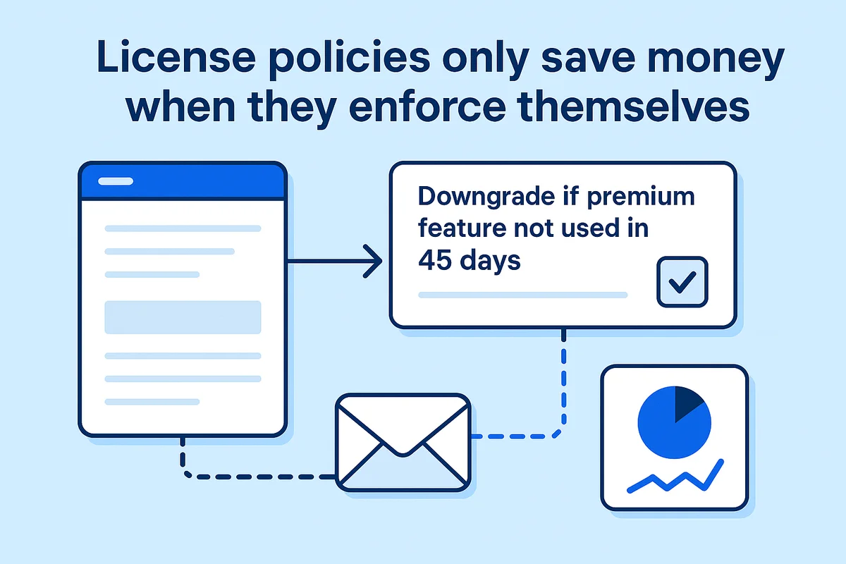 An illustration of automated license management, demonstrating policy enforcement and user activity tracking.
