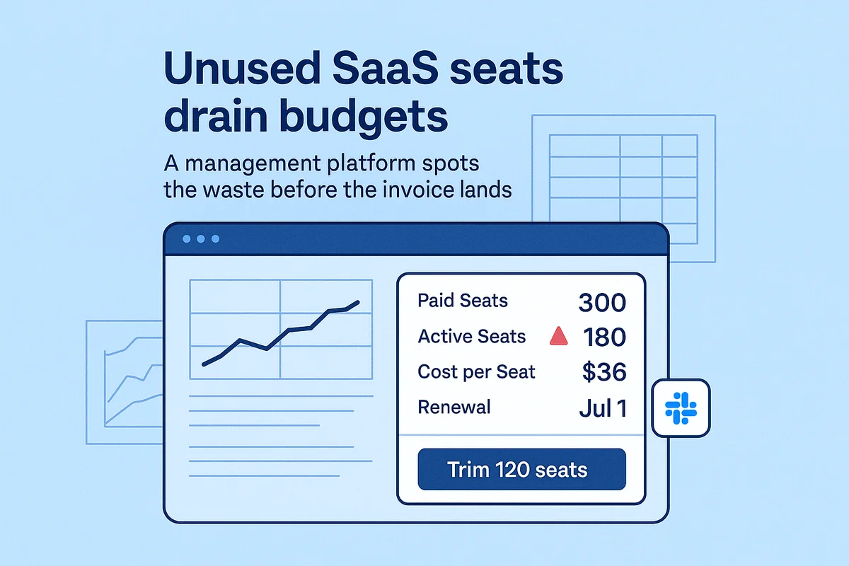 Dashboard displaying SaaS license usage, highlighting unused seats and cost implications for budgeting and resource management.