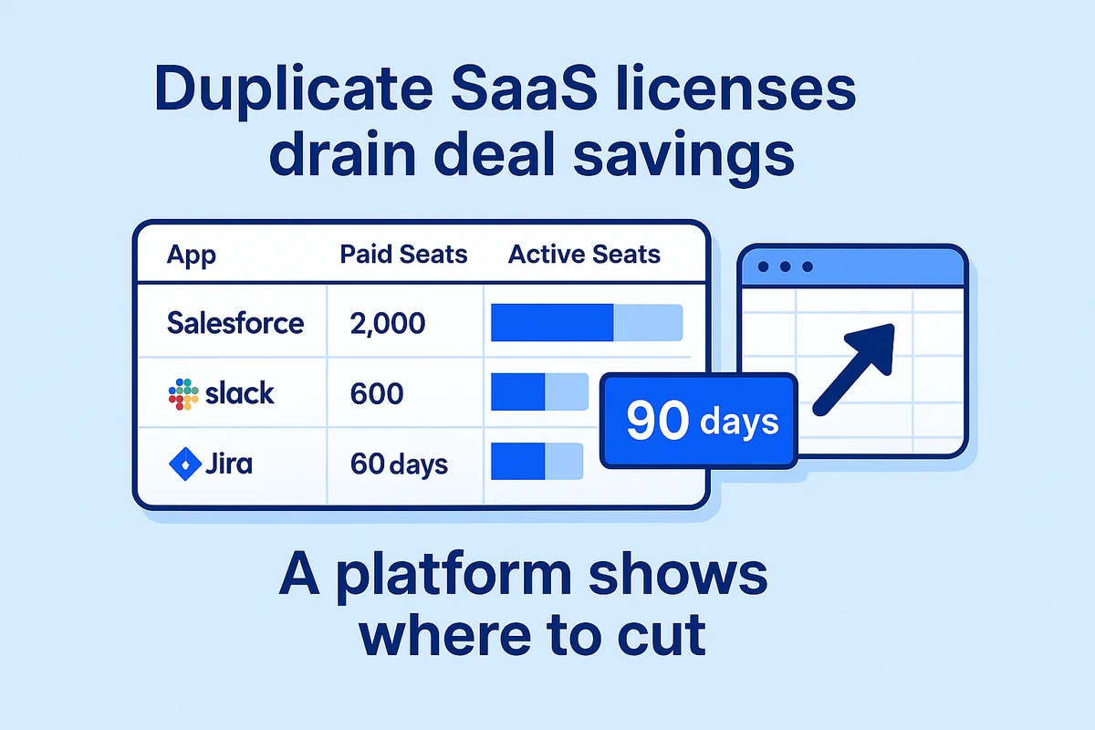 Dashboard display of license usage data with color-coded bars highlighting duplicate SaaS license overages for IT management.