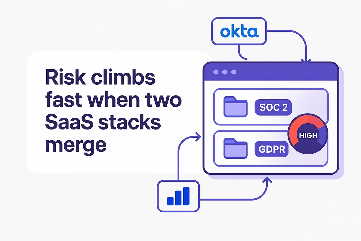 Visual representation of SaaS stack merging, highlighting compliance checks and risk management through automated data monitoring and vendor alignment.