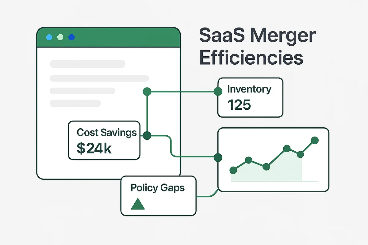 Dashboard visualizing SaaS management, highlighting app inventory, license optimization, and compliance alerts for efficient team collaboration.
