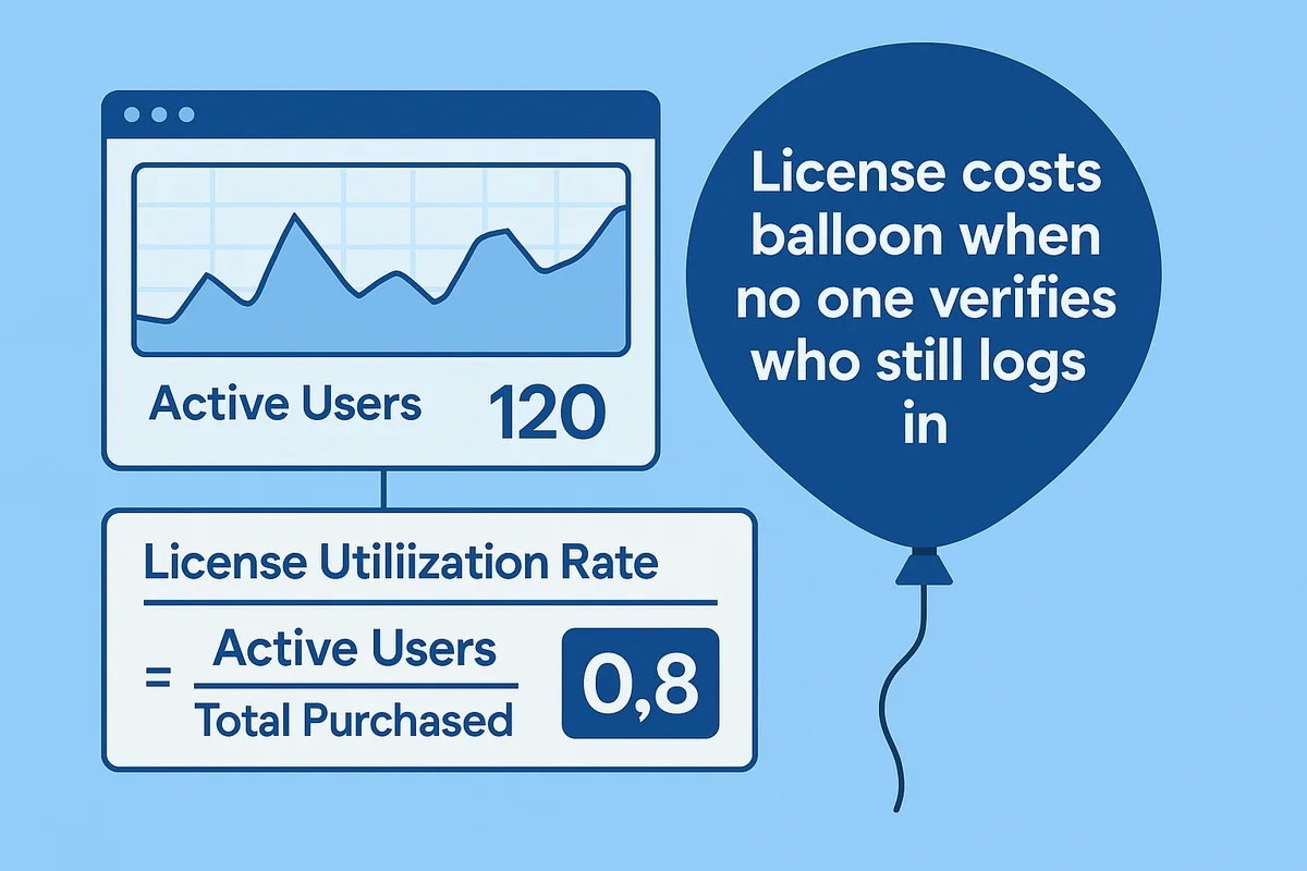 Graph depicting active user metrics and SaaS license costs, highlighting the importance of verifying user logins.