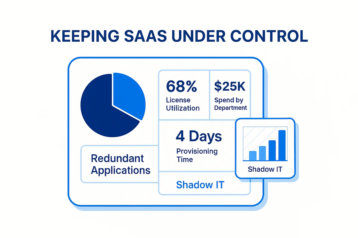 Dashboard displaying metrics for managing SaaS costs: license usage, departmental spending, redundant tools, shadow IT, provisioning time, and oversight.