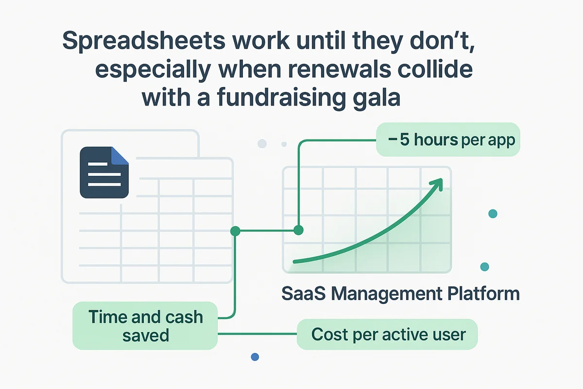 SaaS management platform interface displaying renewal workflows and license analytics, streamlining nonprofit operations and saving resources.