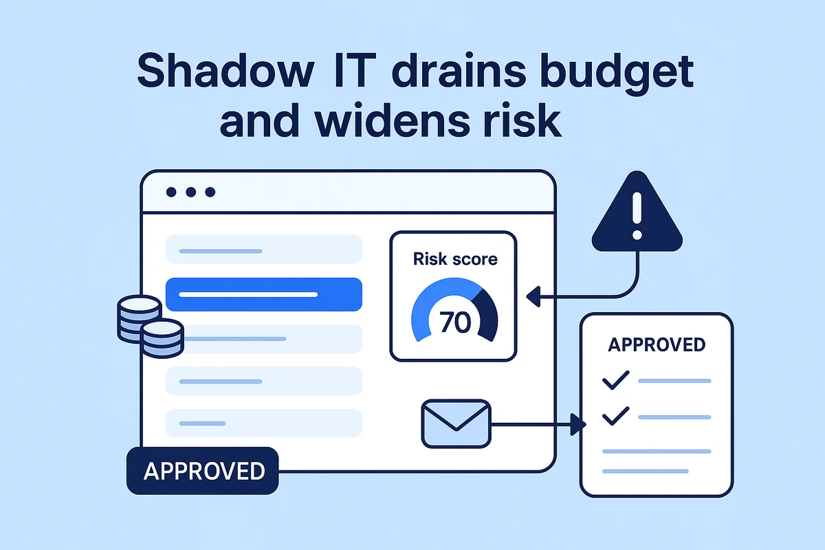 Illustration of SaaS management tools detecting unapproved applications and tracking web sessions in real-time.