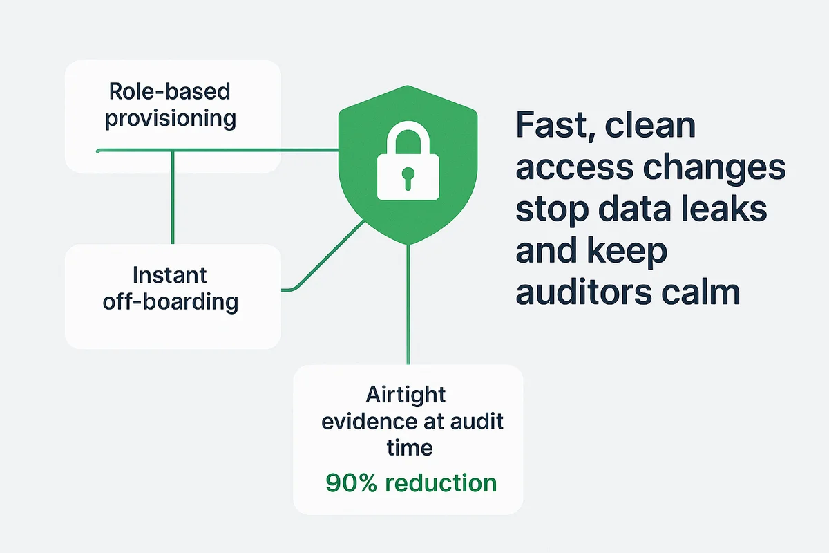 Illustration of a modern SaaS management platform streamlining role-based access and off-boarding processes for data security.