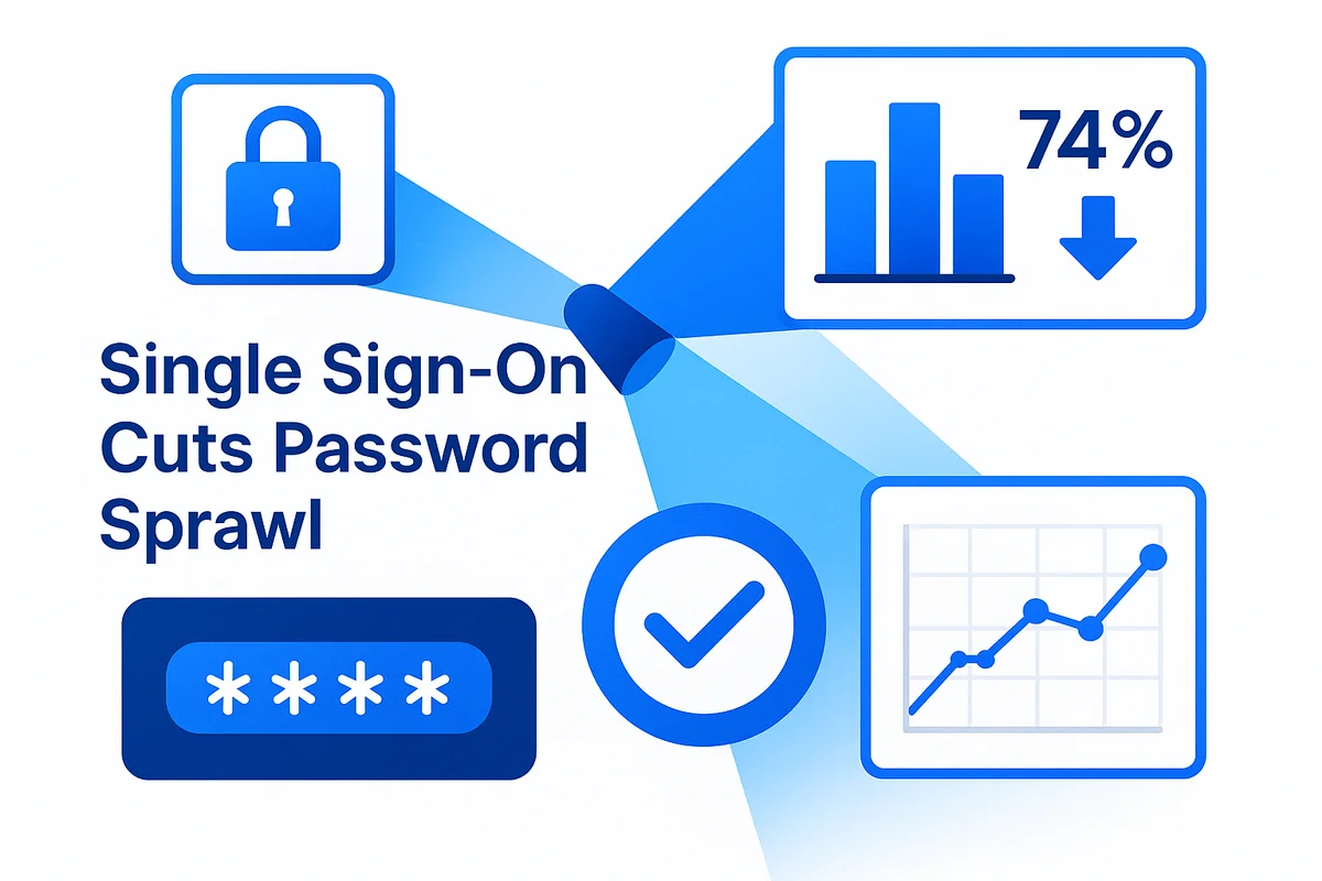 An illustration depicting strong security through Single Sign-On and multi-factor authentication protecting user logins.