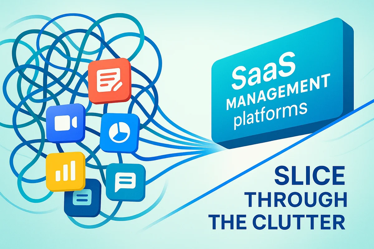 Graphics illustrating the benefits of SaaS management platforms in optimizing vendor tools and reducing unnecessary spending.