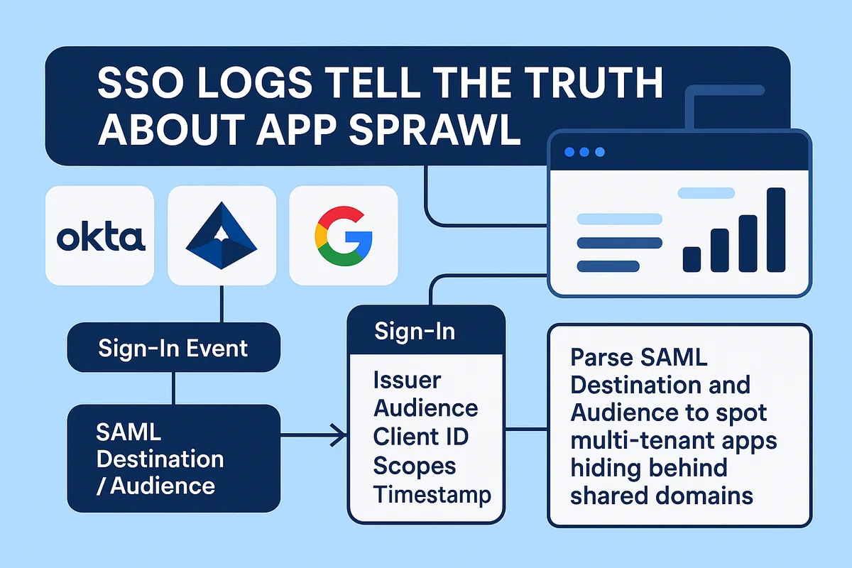 Illustration of SSO logs detailing app usage, streaming sign-in events from platforms like Okta, Azure AD, and Google Workspace.
