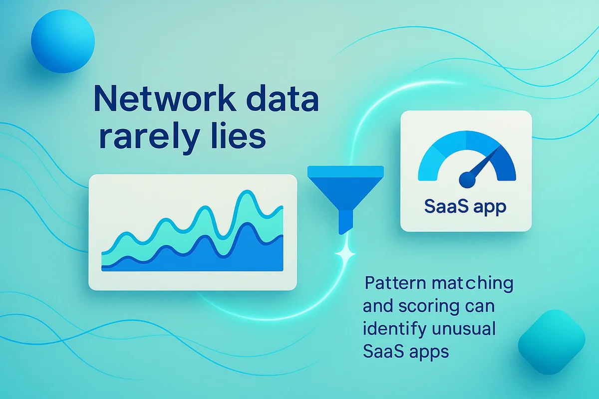 Visual representation of network traffic analysis, highlighting anomalies from unsanctioned SaaS applications and their unusual patterns.