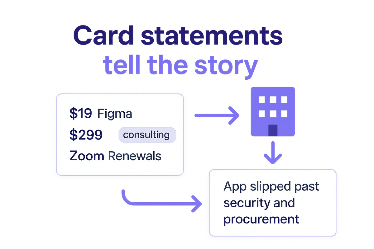 Illustration of financial data with highlighted SaaS charges and transaction patterns for spend analysis.
