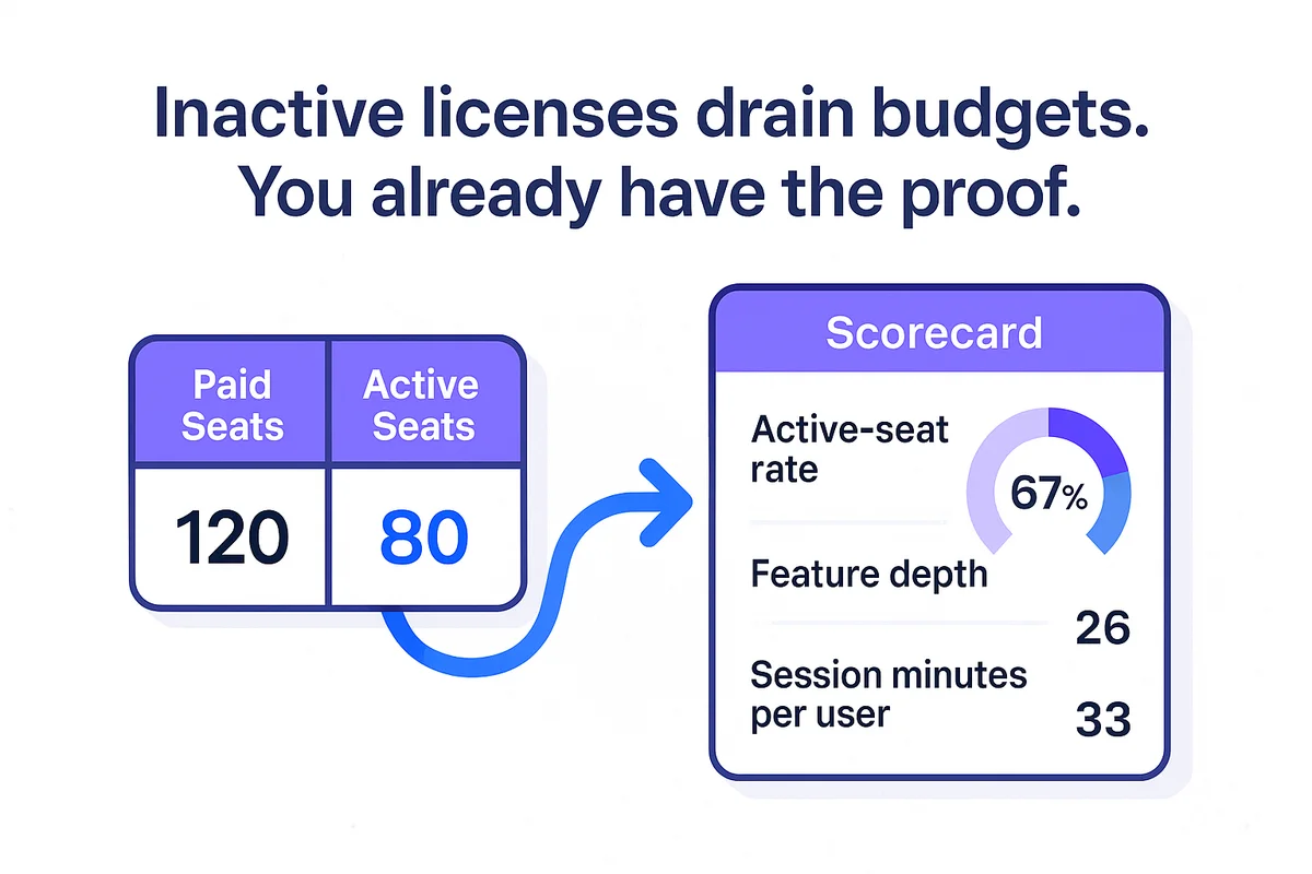 Visual representation of app usage data highlighting active versus inactive licenses and their impact on budgets.