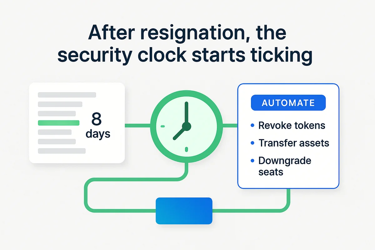 Alarm clock indicating urgency and security risks after an employee resignation, emphasizing the need for instant offboarding.