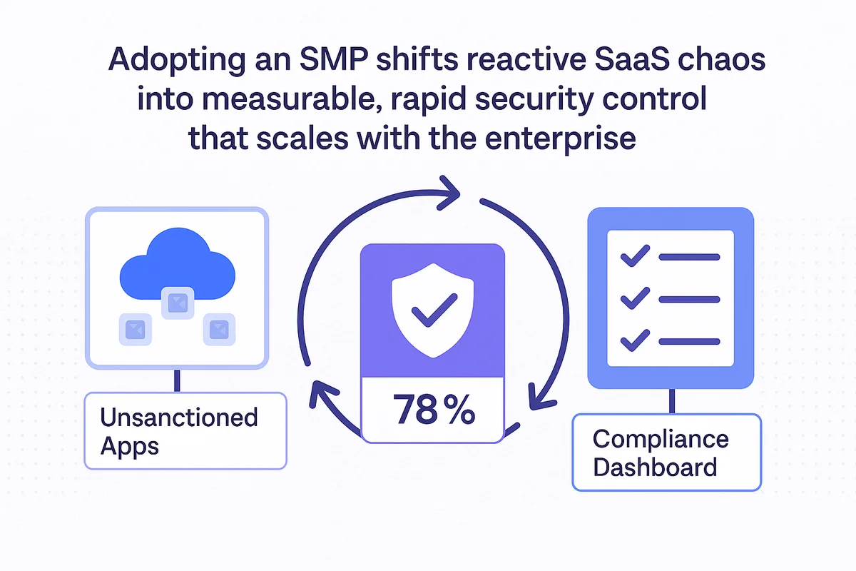 Dashboard displaying SaaS app usage, user access, compliance status, and automated security measures for streamlined management.