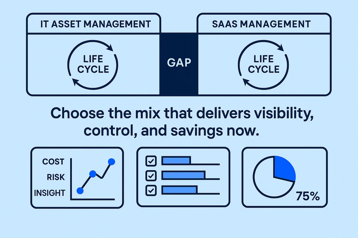 Visual representation of IT and SaaS Management integration, emphasizing cost, risk, and control strategies.