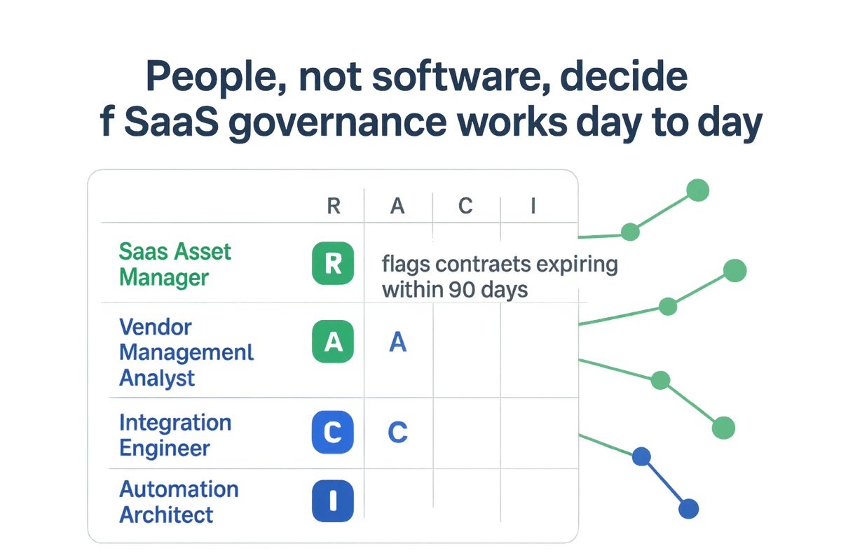 A diverse group of professionals collaborating, emphasizing teamwork and clear roles in SaaS governance and management.