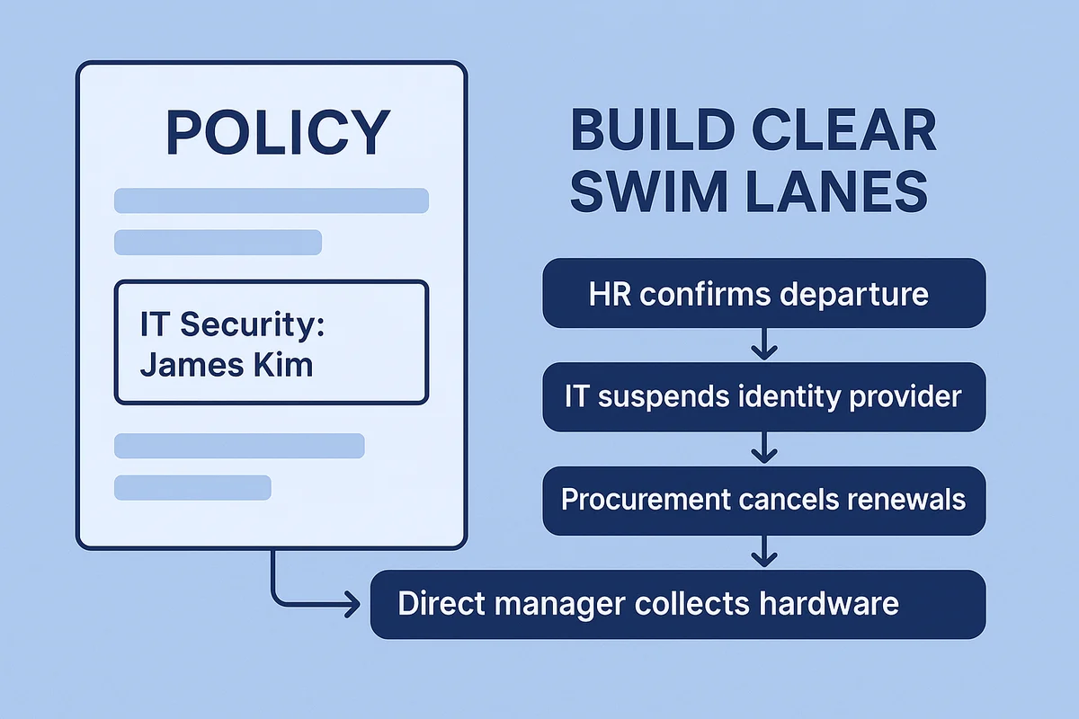 A flowchart illustrating a role-based exit playbook with designated responsibilities for HR and IT tasks during offboarding.