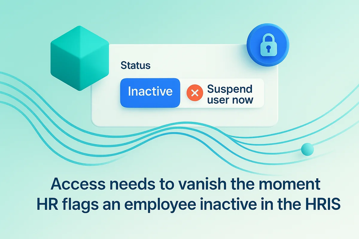 Webhook triggering immediate user deprovisioning upon HR marking an employee inactive, ensuring timely access management.