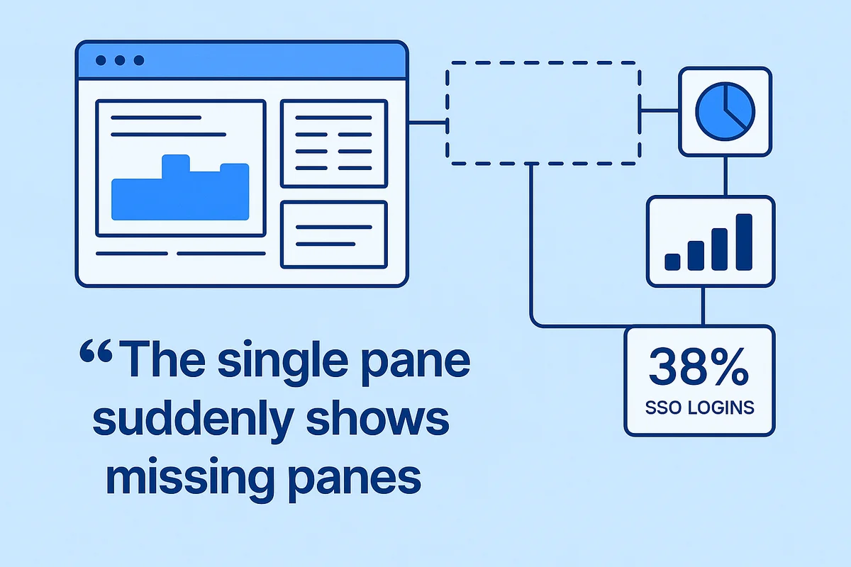 A fragmented dashboard displaying missing integrations from various software tools, illustrating gaps in SaaS management visibility.