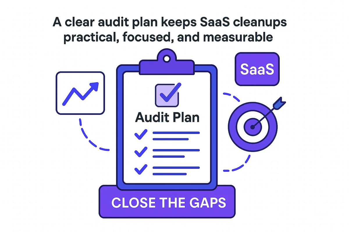 A team collaborating on a strategic audit plan to improve SaaS performance and achieve business outcomes.