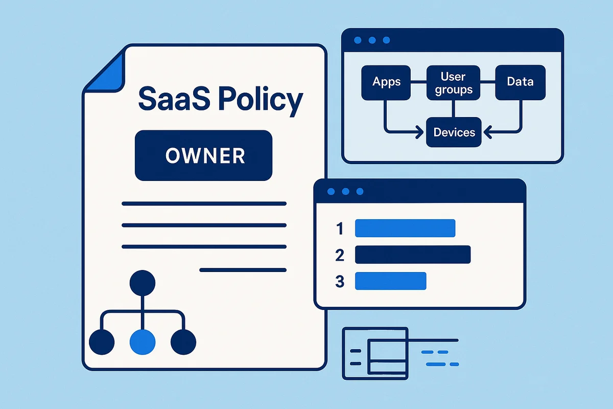 Executive drafting a SaaS policy charter outlining ownership, scope, and goals for app usage and data management.