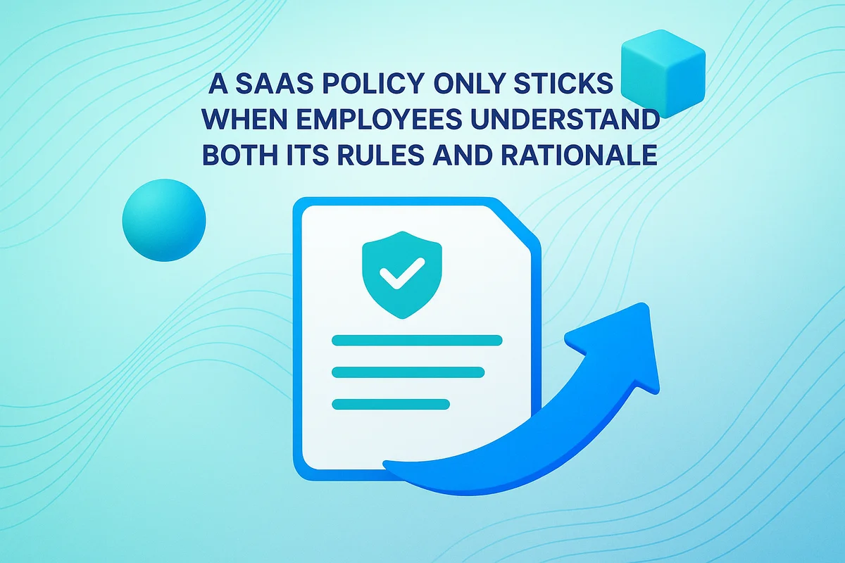 Illustration of a team discussing SaaS policy review, emphasizing understanding, feedback, and compliance for effective implementation.