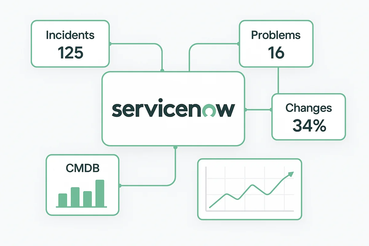 ServiceNow dashboard displaying IT service management tasks, including incident queues and change approvals, for operations teams.