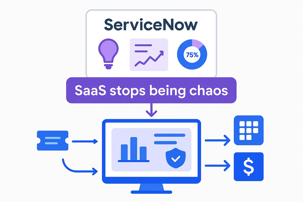 SaaS management integrates with ServiceNow, enhancing IT operations by identifying hidden applications and optimizing resource allocation.