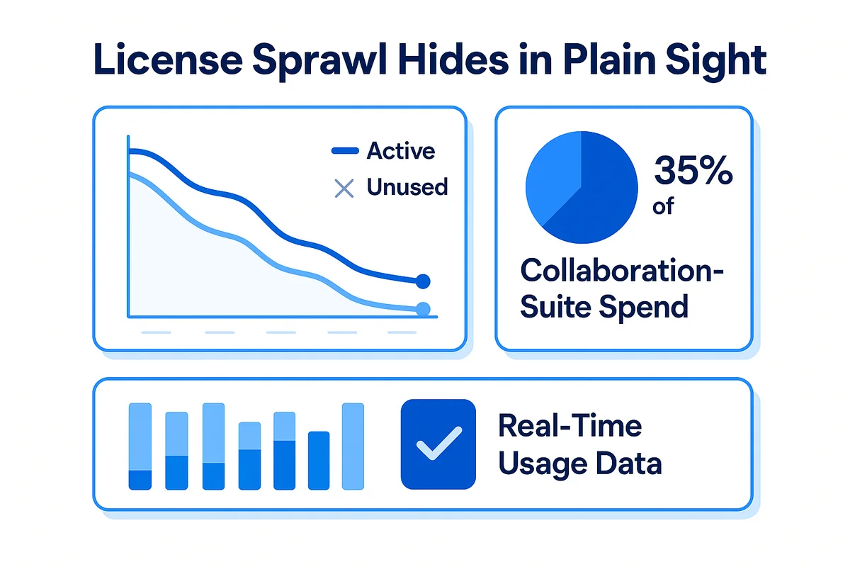 Graph illustrating the high percentage of unused software licenses in collaboration tools, emphasizing budget waste.